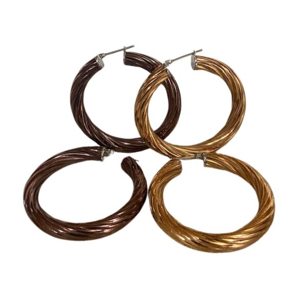 Twisted Rope Hoop Earrings, 2 Pairs, Stainless Steel Gold/Brown Tone - Picture 2 of 9